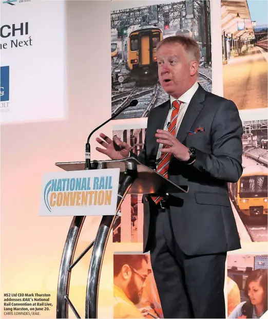  ?? CHRIS LOWNDES/ RAIL. ?? HS2 Ltd CEO Mark Thurston addresses RAIL’s National Rail Convention at Rail Live, Long Marston, on June 20.