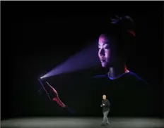  ?? Jim Wilson/The New York Times ?? Phil Schiller, senior vice president of worldwide marketing at Apple, speaks about the Face ID feature to unlock the iPhone X during the company’s event in 2017.