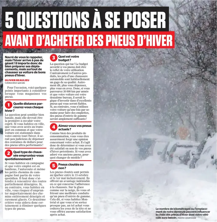  ?? PHOTO COURTOISIE ?? Le nombre de kilométrag­es ou l’emplacemen­t de notre demeure peuvent influencer le choix des pneus d’hiver dont votre véhicule aura besoin.