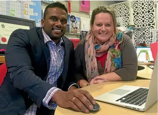  ?? LAINE MOGER/STUFF ?? Above, Youth Hub director Senthil Perumal, pictured with his colleague Sonia Nerheny, says Accelerato­r will be a wraparound service for young people.