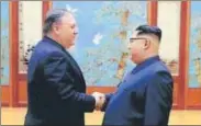  ?? AFP FILE ?? North Korea leader Kim Jong Un (right) shakes hands with US secretary of state Mike Pompeo in Pyongyang.