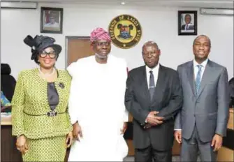  ??  ?? L-R: Immediate Past Chief Judge of Lagos State, Hon. Justice Opeyemi Oke, Lagos Sttae Governor, Babajide Sanwo-Olu, newly appointed Acting Chief Judge of Lagos State, Hon. Justice Kazeem Alogba and Lagos State Deputy Governor, Babafemi Hamzat