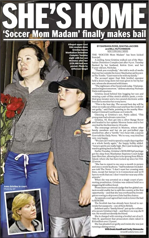  ??  ?? Alleged upper East Side madam Anna
Gristina leaves Manhattan Detention Complex Tuesday night with her son Nicholas after her $250,000 bail was posted. Photo by Jefferson Siegel