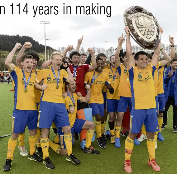  ?? PHOTO: GERARD O’BRIEN ?? Finally . . . Otago captain Nick Ross holds the Challenge Shield aloft after the province won the tier 1 men’s final at the National Hockey Championsh­ip in Dunedin on Saturday. It was Otago’s first senior men’s title.