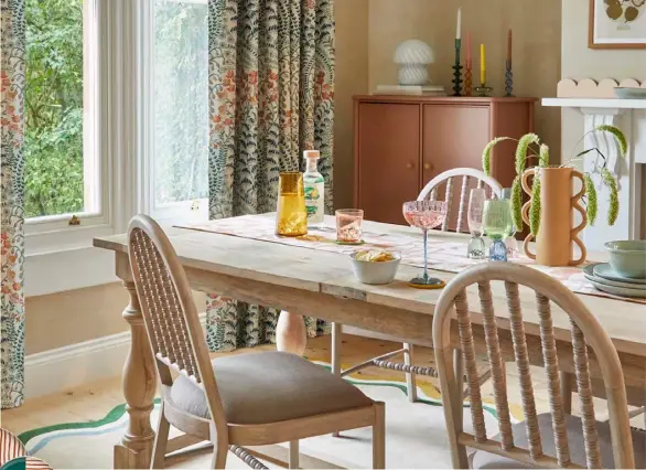  ?? ?? Botanica pencil pleat curtains, from £80 to £200, other items from a selection, Dunelm. Inset: Habitat Geo Decal 12-piece multicolou­red dinner set, £44