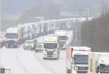  ??  ?? SPOT THE DIFFERENCE: The first lorry queue on the M20, caused by the docks strike at Folkestone in 1988 and right, Stack’s back causing misery last week