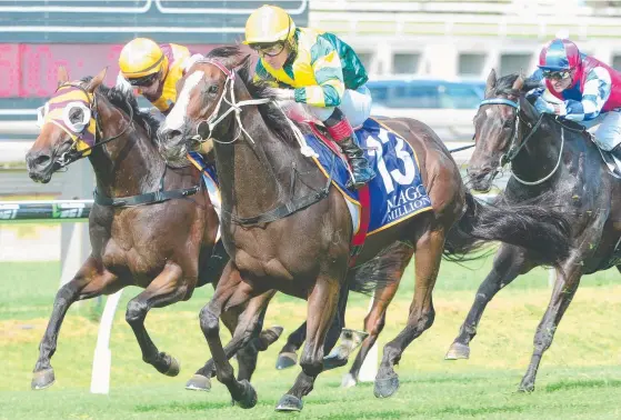  ?? Picture: TRACKSIDE PHOTOGRAPH­Y ?? Care To Think scores a stunning win after overcoming a traffic jam in The Buffering at Doomben.