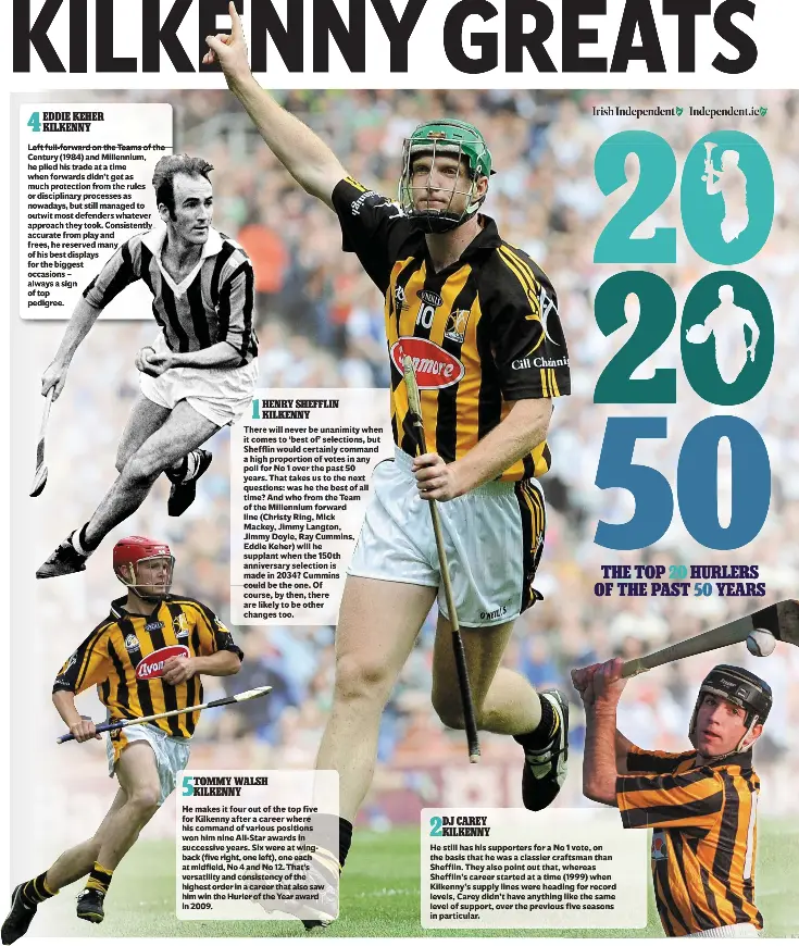  ??  ?? 4 EDDIE KEHER KILKENNY
Left full-forward on the Teams of the Century (1984) and Millennium, he plied his trade at a time when forwards didn’t get as or disciplina­ry processes as nowadays, but still managed to
accurate from play and of his best displays for the biggest occasions – of top pedigree.
HENRY SHEFFLIN KILKENNY
There will never be unanimity when it comes to ‘best of’ selections, but Shefflin would certainly command a high proportion of votes in any poll for No 1 over the past 50 years. That takes us to the next questions: was he the best of all time? And who from the Team of the Millennium forward line (Christy Ring, Mick Mackey, Jimmy Langton, Jimmy Doyle, Ray Cummins, Eddie Keher) will he supplant when the 150th anniversar­y selection is made in 2034? Cummins could be the one. Of course, by then, there are likely to be other changes too.
5 TOMMY WALSH KILKENNY
He makes it four out of the top five for Kilkenny after a career where his command of various positions won him nine All-Star awards in successive years. Six were at wingback (five right, one left), one each at midfield, No 4 and No 12. That’s versatilit­y and consistenc­y of the highest order in a career that also saw him win the Hurler of the Year award in 2009.
2 DJ CAREY KILKENNY
He still has his supporters for a No 1 vote, on the basis that he was a classier craftsman than Shefflin. They also point out that, whereas Shefflin’s career started at a time (1999) when Kilkenny’s supply lines were heading for record levels, Carey didn’t have anything like the same level of support, over the previous five seasons in particular. THE TOP HURLERS OF THE PAST YEARS