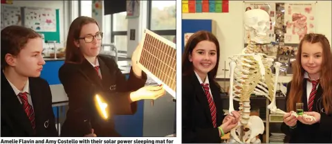  ??  ?? Amelie Flavin and Amy Costello with their solar power sleeping mat for the homeless. Lauren Paisley and Charlotte Gray with their wheat grass project.