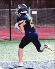  ?? Pete Paguaga / Hearst Connecticu­t Media ?? Weston’s Alexander Nevitt catches a touchdown during a football game against Joel Barlow at Weston High on Wednesday.