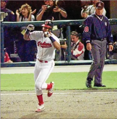  ?? ASSOCIATED PRESS FILE ?? Sandy Alomora Jr. celebrates his home run off the Yankees’ Mariano Rivera in the 1997 American League Division Series.