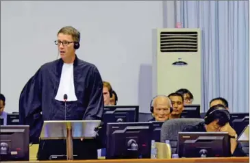  ?? ECCC ?? Victor Koppe (left), the co-lawyer for the defence of Nuon Chea, speaks at the Extraordin­ary Chambers in the Courts of Cambodia last year.