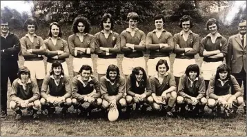  ??  ?? Tom Walsh, then U.C.D. (third player from right, back row) on a Leinster team with Ollie Campbell (front, extreme left) and team captain John Cantrell (with ball, front row).