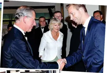  ??  ?? Prank: Alex King bluffed his way into shaking hands with Prince Charles at a film event. Bottom left, with his fraudster ex-friend Eddie Davenport and, left, the eatery in Salisbury
