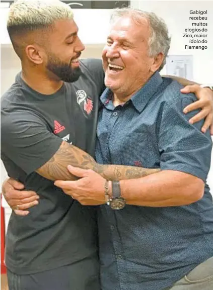  ?? ALEXANDRE VIDAL / FLAMENGO ?? Gabigol recebeu
muitos elogios do Zico, maior
ídolo do Flamengo