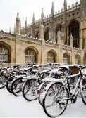  ??  ?? TOP A punt on the River Cam by King’s College in midwinter ABOVE LEFT Frosted winter shrubs at Cambridge University Botanical Garden ABOVE RIGHT Bicycles in the snow outside King’s College Chapel. Cycling is a popular way to get around the city