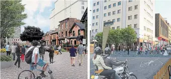  ?? CIVICPLAN/DPAI ?? Augusta Street redesigned as a “Living Street” or “Woonerf,” left, and a more pedestrian friendly James Street South, right.