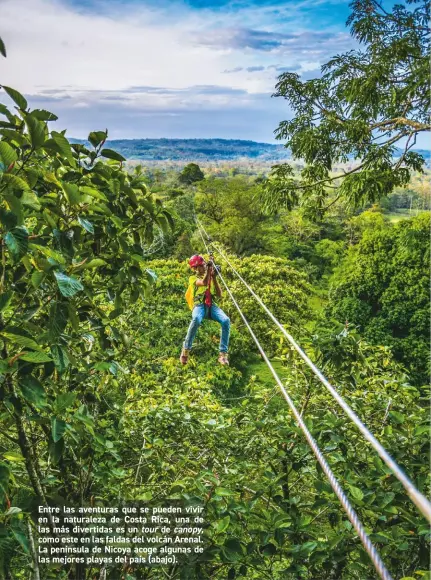  ??  ?? Entre las aventuras que se pueden vivir en la naturaleza de Costa Rica, una de las más divertidas es un tour de canopy, como este en las faldas del volcán Arenal. La península de Nicoya acoge algunas de las mejores playas del país (abajo).