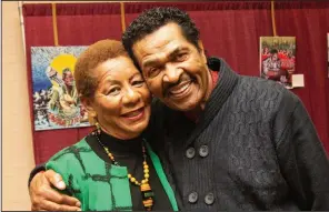  ?? (Democrat-Gazette file photo/Cary Jenkins) ?? Pine Bluff Mayor Shirley Washington gets a hug from bluesman Bobby Rush in this 2018 photo. Rush, who grew up partly in Pine Bluff, is an internatio­nal blues star who will livestream a concert for fans on Facebook Live at 2 p.m. Tuesday.