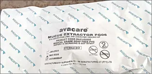  ?? ?? Mucus extractor used for maintainin­g an airway by removing secretions in the mouth, throat or lungs. It is used along with the suction machine.