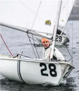  ?? ?? Marblehead Tech fleet co-founder Tomás Hornos suits up in the boat paddock at Boston YC. Daan Goedkoop handles MissClaire. PHOTOS : JOE BERKELEY