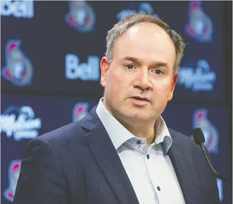  ?? WAYNE CUDDINGTON FILES ?? Senators general manager Pierre Dorion will have some help in the front office next season with the addition of Pierre McGuire as the club's senior vice-president of player developmen­t.