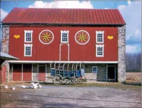  ??  ?? Still remaining to this day are the Palladian barn windows crowned with exquisite keystones, an influence of English Architectu­re in the Oley Valley, however, gone are the hex signs. Lobachsvil­le Mill Barn, 1960s. Grassy commons similar to those seen...