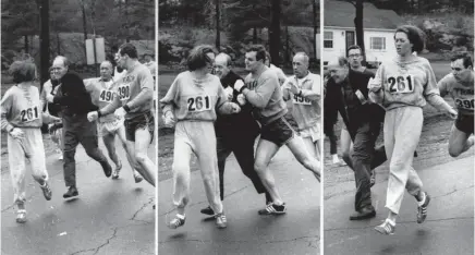  ??  ?? A steward tried to tackle Kathrine Switzer from the 1967 Boston Marathon course ( above). At 70, Switzer ( left) is running again.
