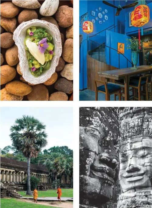  ??  ?? ANGKOR AWAY Opposite, clockwise from top left: Palm fruit with avocado and foraged edible flowers, from the tasting menu at Banllé restaurant in Siem Reap’s Wat Bo area; nearby cocktail bar Miss Wong; smiling stone faces carved into the towers of the Bayon; monks at Angkor Wat.