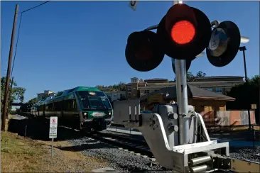  ?? ALAN DEP — MARIN INDEPENDEN­T JOURNAL, FILE ?? A SMART train leaves the downtown station in Novato. A quarter-percent sales tax paid by Marin and Sonoma residents since 2008is set to expire in April 2029unless renewed.