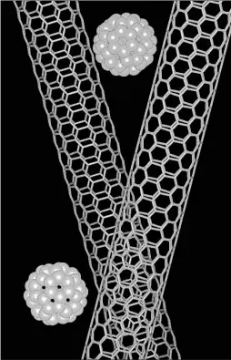  ?? A. ROCHEFORT, NANO@ POLYMTL ?? Two carbon nanotubes alongside two “buckyballs” — cage-like, hollow molecules composed of hexagonal and pentagonal groups of atoms. Nanotubes can be used to produce novel water filtration devices.