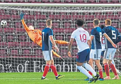  ?? Picture: SNS Group. ?? Scotland keeper Ross Doohan is beaten by Reiss Nelson’s curling free-kick.