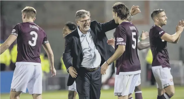  ?? PICTURE: ALAN HARVEY/SNS ?? 0 Hearts manager Craig Levein celebrates with Peter Haring at full-time after his team battled for a 1-0 victory over Motherwell on Saturday.