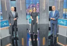  ?? FOTO: KAY NIETFELD/DPA ?? Triell, die Dritte: Olaf Scholz (SPD), Annalena Bearbock (Grüne) und Armin Laschet (CDU) im TV-Studio.