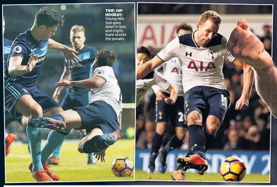  ??  ?? TRIP, HIP HOORAY: Heung-Min Son goes down in box; and (right) Kane scores the penalty