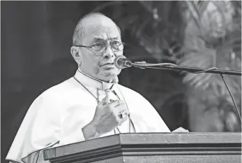  ?? MARK SCOTT, PDN ?? Archbishop Anthony Apuron, speaking at the Academy of Our Lady of Guam Commenceme­nt Ceremony in May 2016, is accused of sexually abusing altar boys in the 1970s.