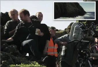  ??  ?? ( Above) Last Jedi Director Rian Johnson and his crew filming on Skellig Michael and ( inset) the island’s cliffs as they appear in the film.