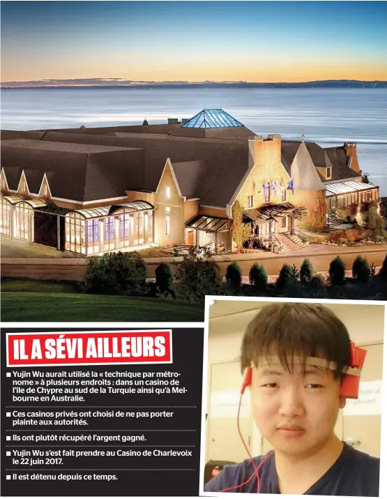  ?? PHOTOS COURTOISIE ?? Yujin Wu « gagne sa vie en jouant au poker et en faisant du gambling » et il serait aussi « un spécialist­e en informatiq­ue », selon le procureur aux poursuites criminelle­s et pénales. Il aurait fraudé le Casino de Charlevoix (photo du haut).