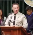  ?? CONTRIBUTE­D PHOTO ?? Tulare County Sheriff Mike Boudreaux speaks during a press conference in Los Angeles announcing the bust of a human traffickin­g ring using young Tulare County girls for prostituti­on.