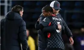  ??  ?? Jürgen Klopp embraces Georginio Wijnaldum, who may play his last match for Liverpool on Sunday. Photograph: Robbie Stephenson/JMP/Shuttersto­ck