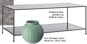  ??  ?? Soffbord Miss,
120x60 cm, 3 699 kr, Ellos.
Vas Vanligen, grön, 18x18 cm, 79 kr, Ikea.