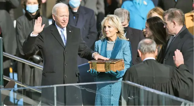  ?? Photo: Xinhua ?? Joe Biden being sworn in as President of the United States of America on January 20, 2021.