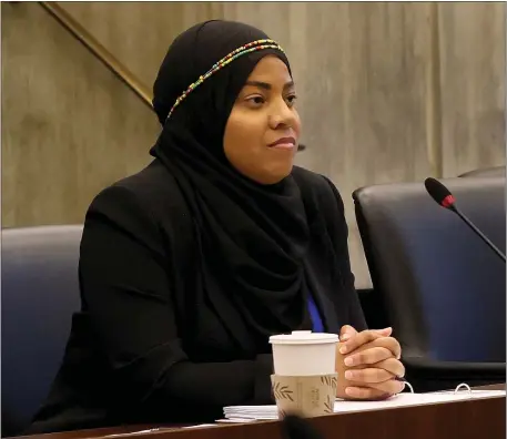  ?? NANCY LANE — BOSTON HERALD ?? Tania Fernandez Anderson at the City Council meeting yesterday sparked outcry over her Hamas comments.