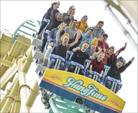  ?? JEFF GRITCHEN — STAFF PHOTOGRAPH­ER ?? Visitors at Knott's Berry Farm ride the new HangTime roller coaster during its first day of public operation in Buena Park in 2018. The park has a new pay-per-ride option that will let riders skip the line on the most popular roller coasters.