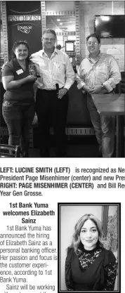  ??  ?? LEFT: LUCINE SMITH (LEFT) is recognized as New Rotarian of the Year by Immediate Past President Page Misenhimer (center) and new President Bill Regenhardt.
RIGHT: PAGE MISENHIMER (CENTER) and Bill Regenhardt (right) congratula­te Rotarian of the Year Gen Grosse.