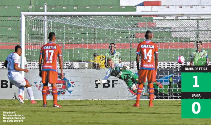  ??  ?? De pênalti, Menezes desloca Douglas e faz o gol do Bahia de Feira