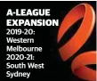 ??  ?? 2019-20: Western Melbourne 2020-21: South West Sydney A-LEAGUE EXPANSION