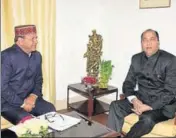  ?? HT PHOTO ?? Himachal Pradesh Vidhan Sabha speaker Rajeev Bindal with chief minister Jai Ram Thakur at Oakover in Shimla on Saturday.