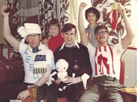  ?? ?? Jim, bottom right, with friends and family watching the 1973 FA Cup Final in Germany.