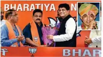  ?? PTI ?? Former Congress legislator­s from Goa, Subhash Shirodkar and Dayanand Sopte being felicitate­d by Railway Minister Piyush Goyal; (inset) Manvendra Singh